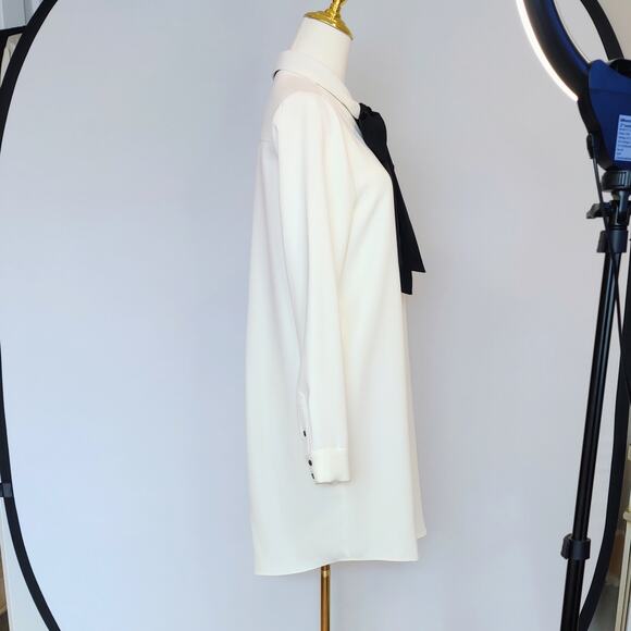 CeCe Cream Long Sleeve Tie Neck Mini Shirtdress with Black Bow Size Small - Picture 4 of 7